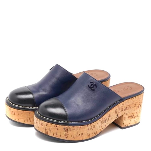 CHANEL Navy and Black Leather Cap Toe Cork Platform Mules - Picture 1 of 8